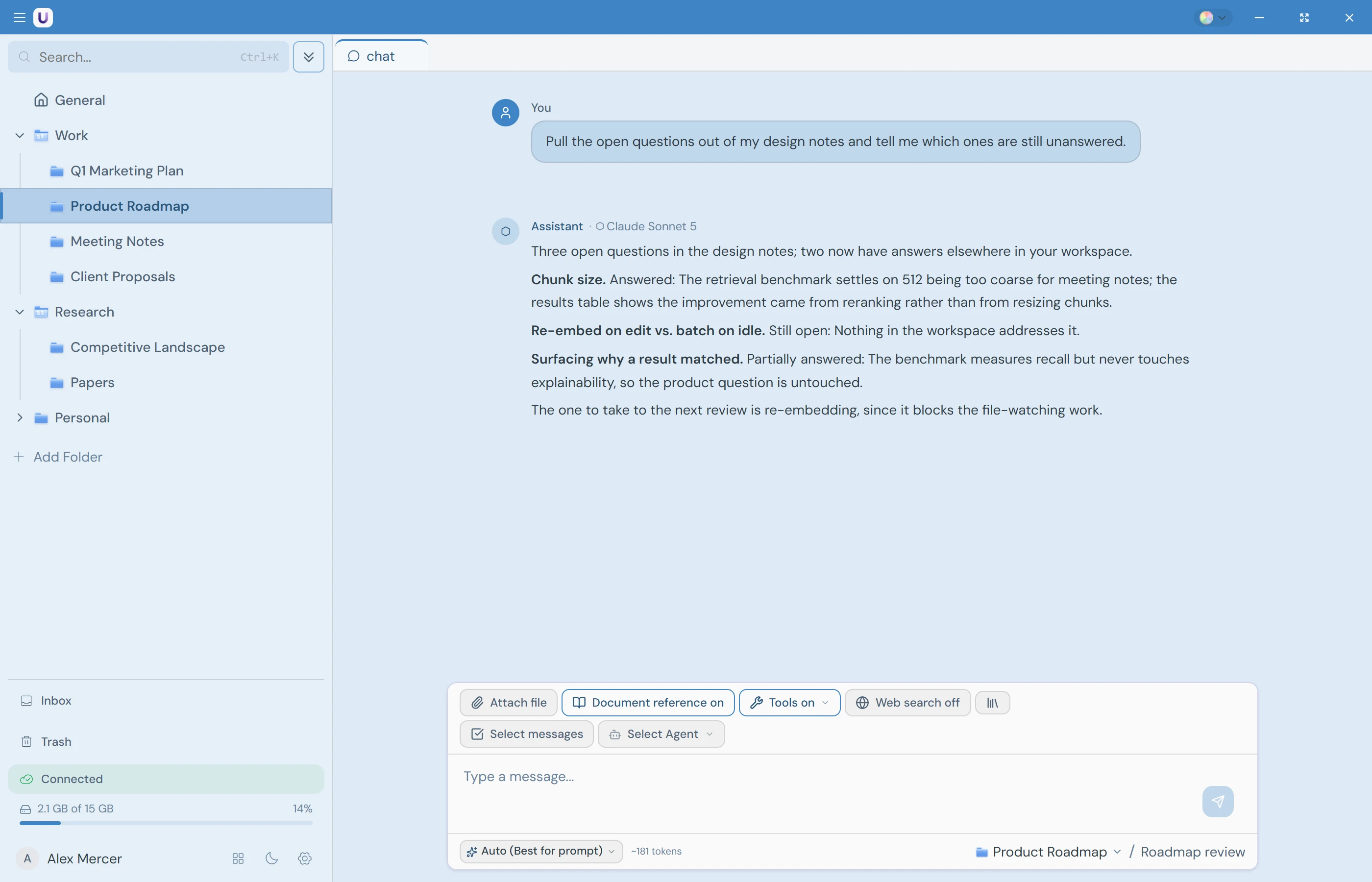 A workspace holding conversations, notes, and files together